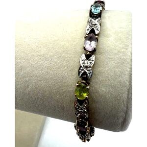 Vintage Multi-Stone Sterling Silver Bracelet With X Design & Gemstones    B19